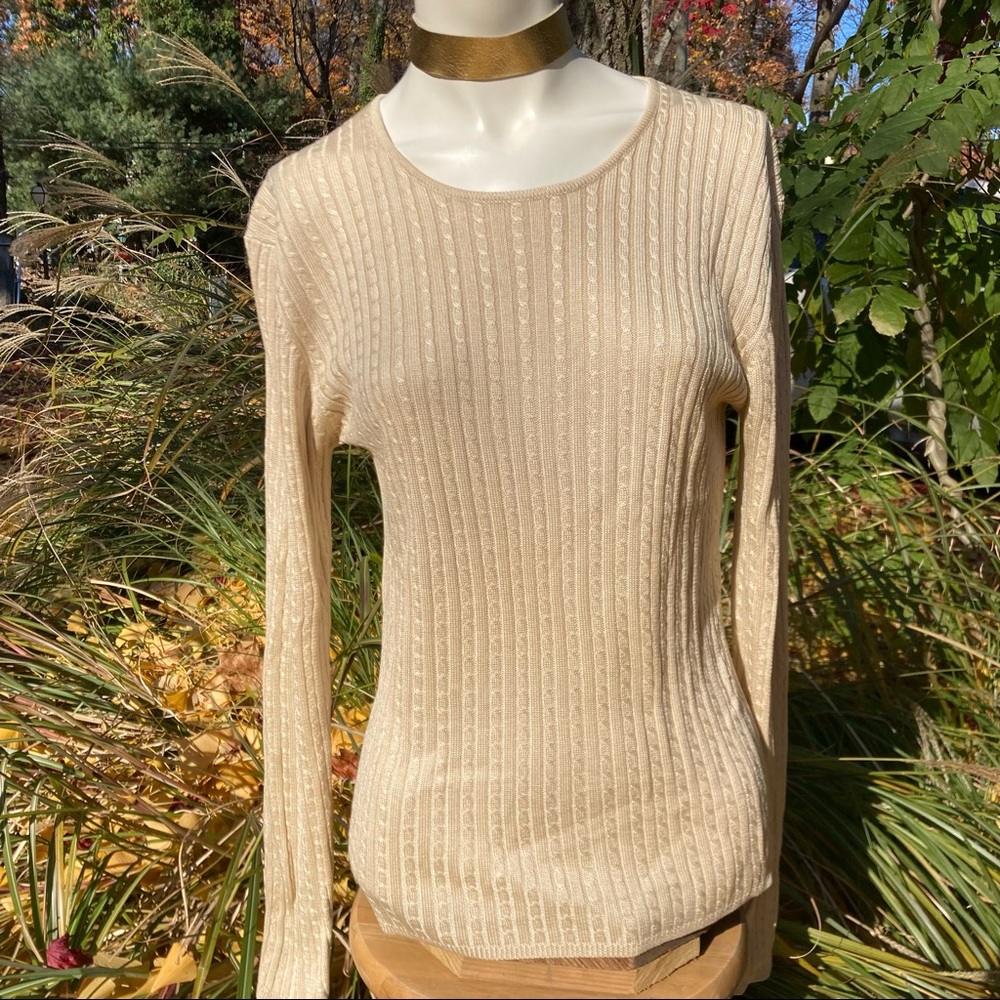 Ann Taylor tan 100% silk cable knit long sleeve scoop neck sweater szS